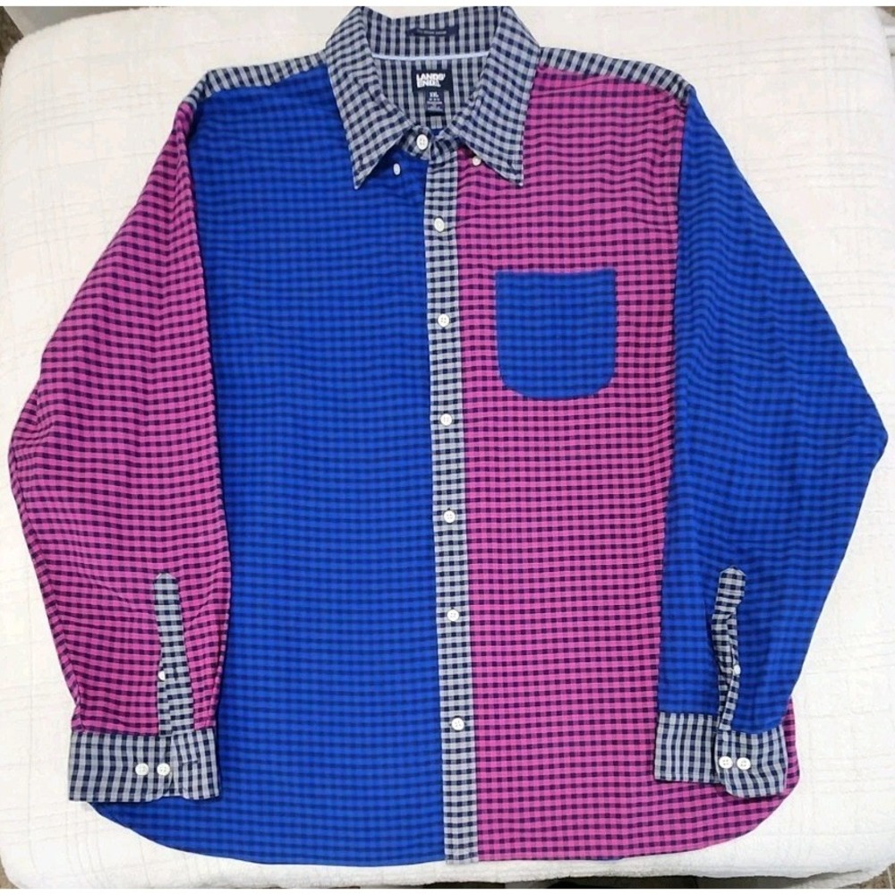 Lands End Shirt Mens 2XL XXL Blue Pink Traditional Fit‎ Sail Rigger Oxford Y2K